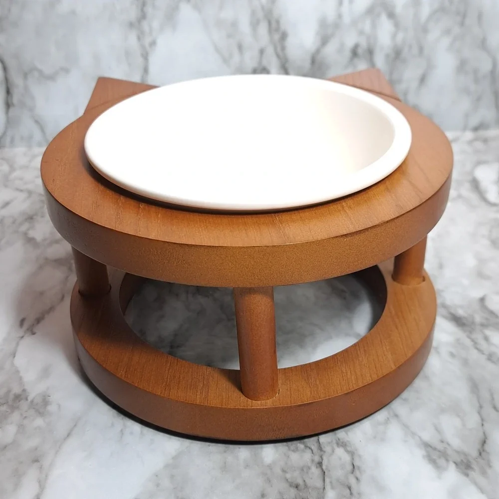 Phoebe & Max Pet Bowl Set Elevated  Ceramic Raised Cat Food Bowl‎ Wood